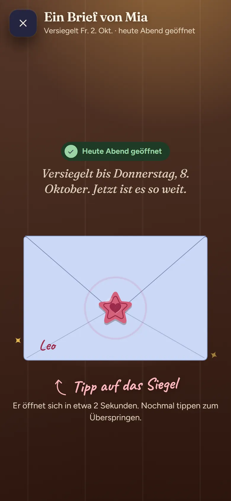 Ein versiegelter Brief von Mia mit rotem Stern-Siegel: Tipp auf das Siegel, um ihn zu öffnen