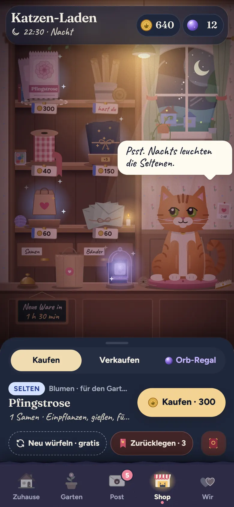 Der Katzen-Laden bei Nacht: Regale mit Samen, Bändern und Briefpapier, leuchtende seltene Ware und die Katze sagt: Psst. Nachts leuchten die Seltenen.