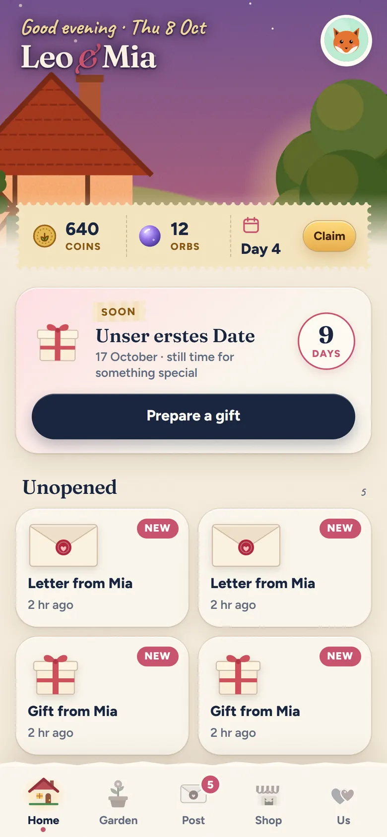 Home in the evening: Leo and Mia in front of their house, 640 coins, a countdown to their first date and unopened letters and gifts from Mia