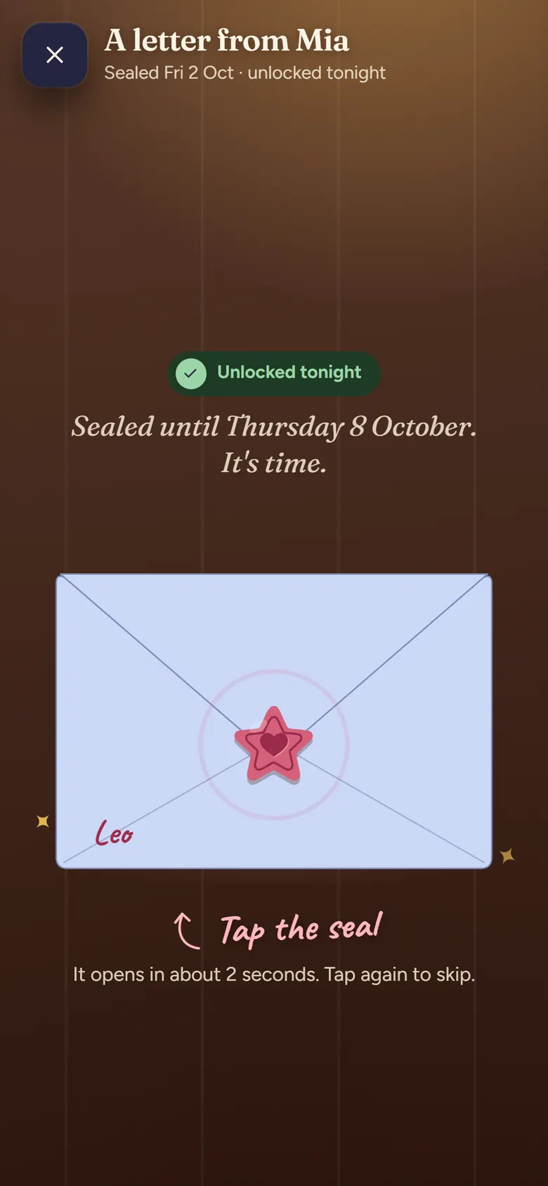 A sealed letter from Mia with a red star seal: tap the seal to open it