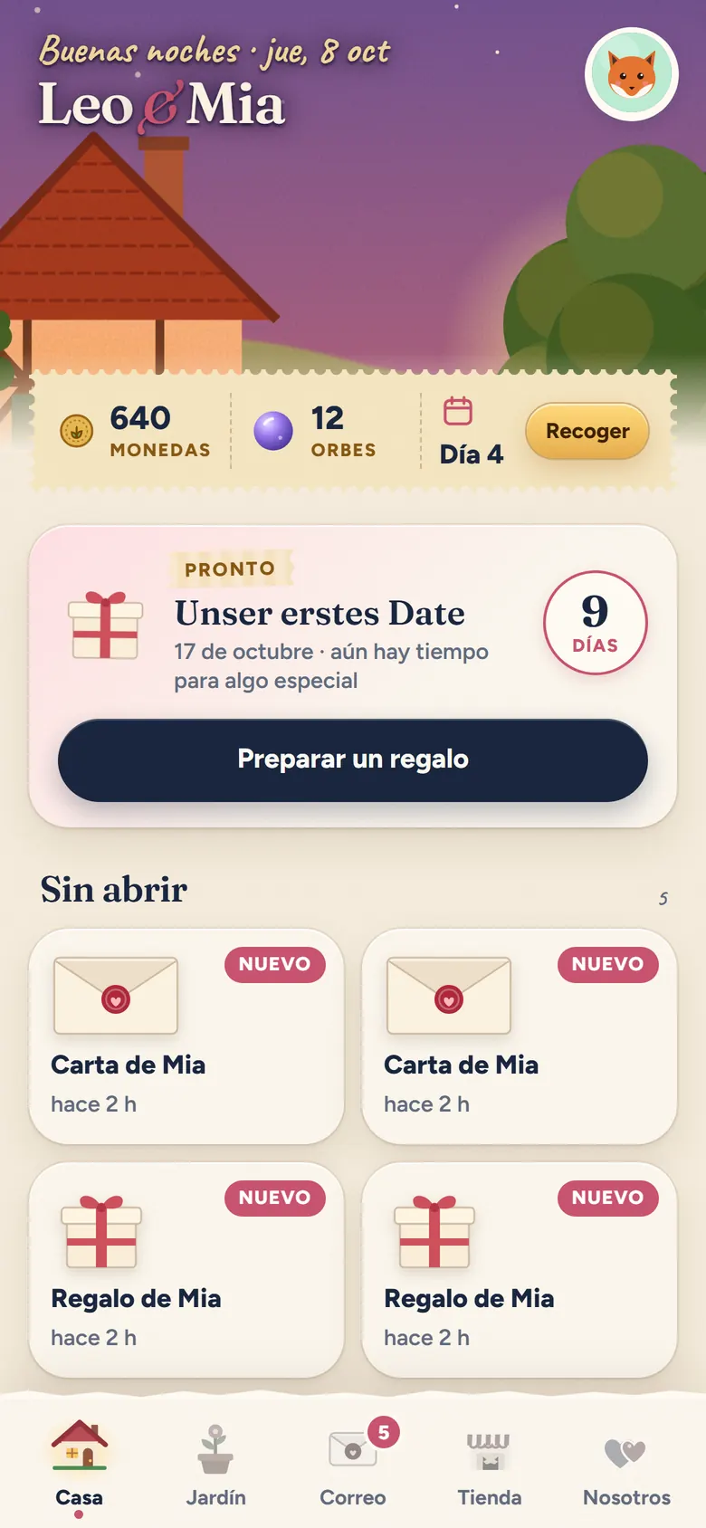 La casa por la noche: Leo y Mia delante de su casa, 640 monedas, una cuenta atrás hasta su primera cita y cartas y regalos sin abrir de Mia