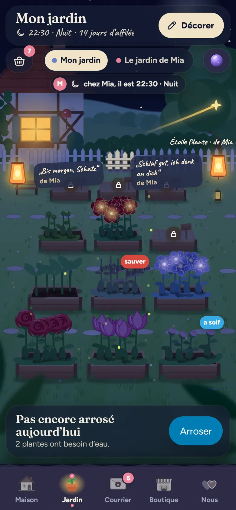 Le jardin de Leo la nuit : lanternes, une étoile filante de Mia, mots de bonne nuit sur de petits panneaux et des carrés de roses, de tulipes et d’hortensias