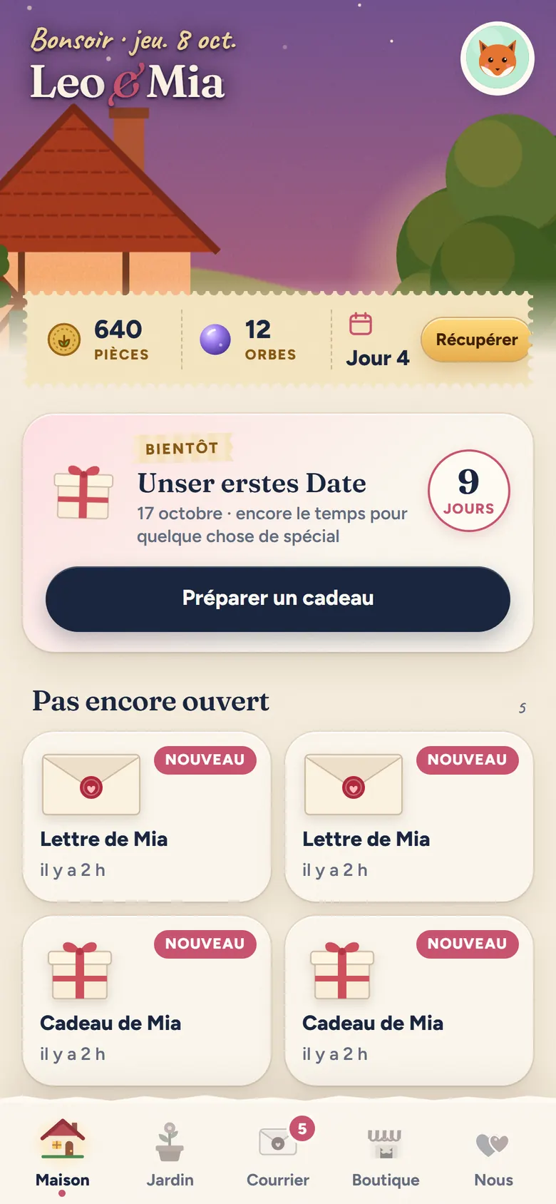 La maison le soir : Leo et Mia devant leur maison, 640 pièces, un compte à rebours jusqu’au premier rendez-vous et des lettres et cadeaux non ouverts de Mia