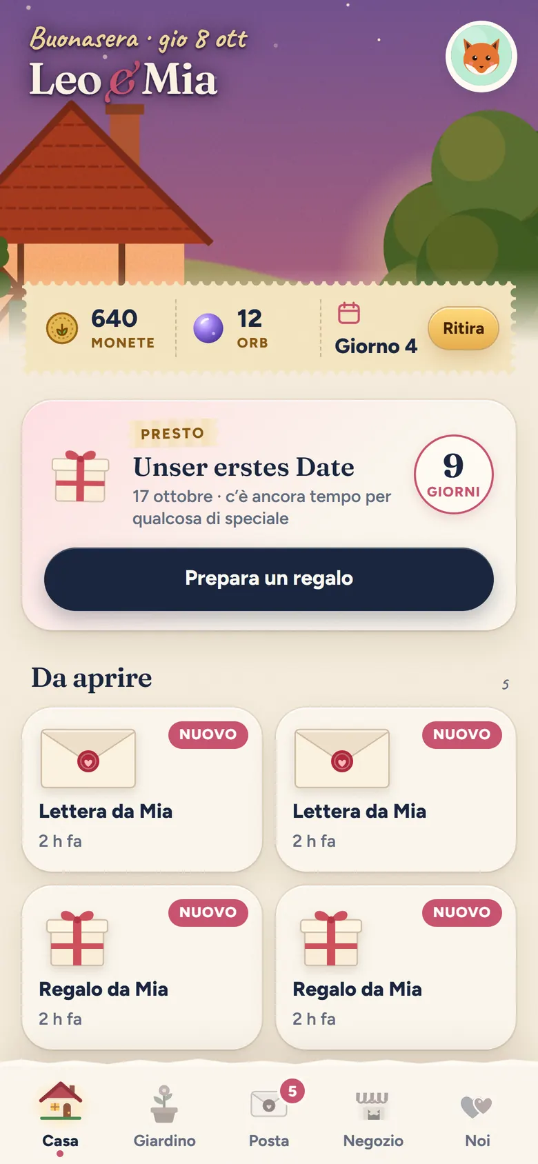 La casa di sera: Leo e Mia davanti alla loro casa, 640 monete, un conto alla rovescia verso il primo appuntamento e lettere e regali non ancora aperti di Mia