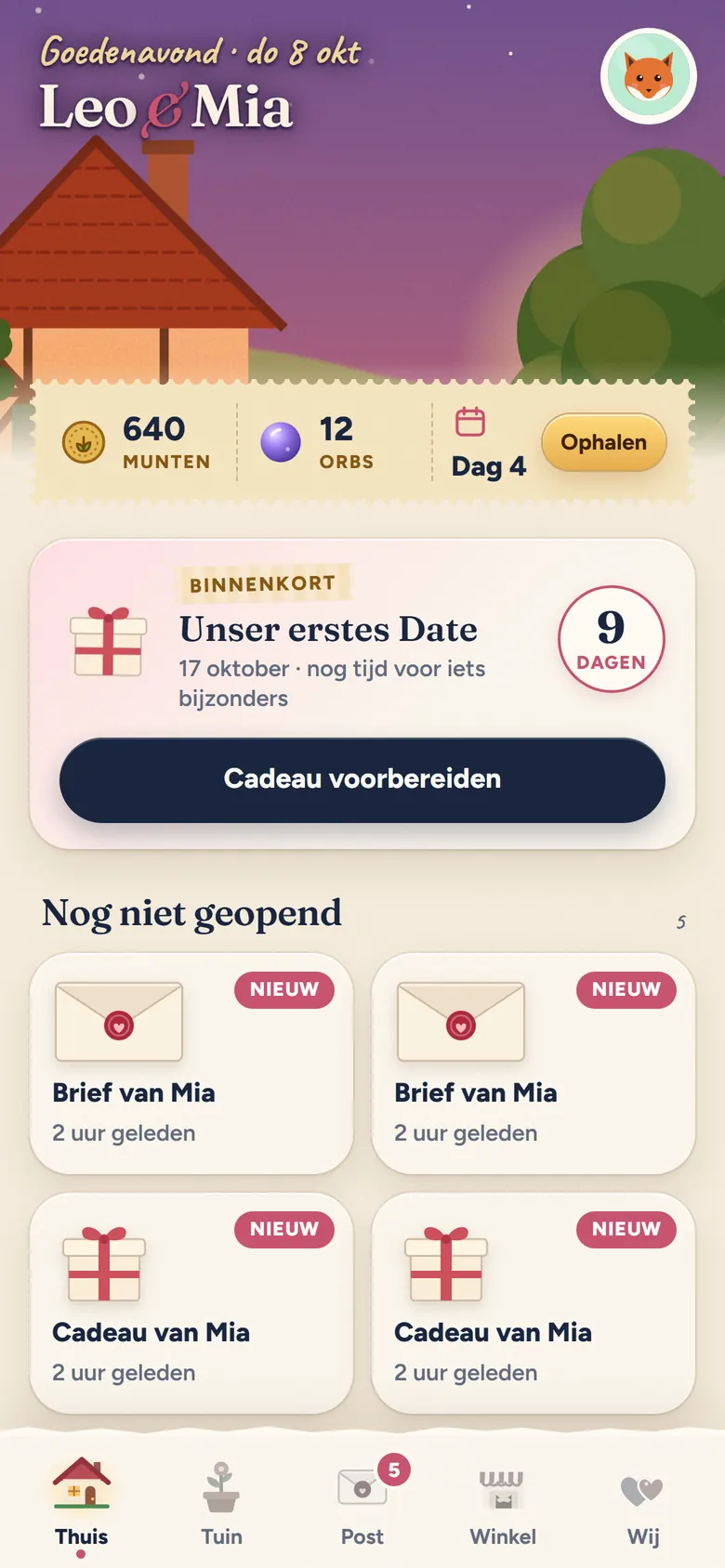 Home in de avond: Leo en Mia voor hun huis, 640 munten, een aftelling naar hun eerste date en ongeopende brieven en cadeaus van Mia