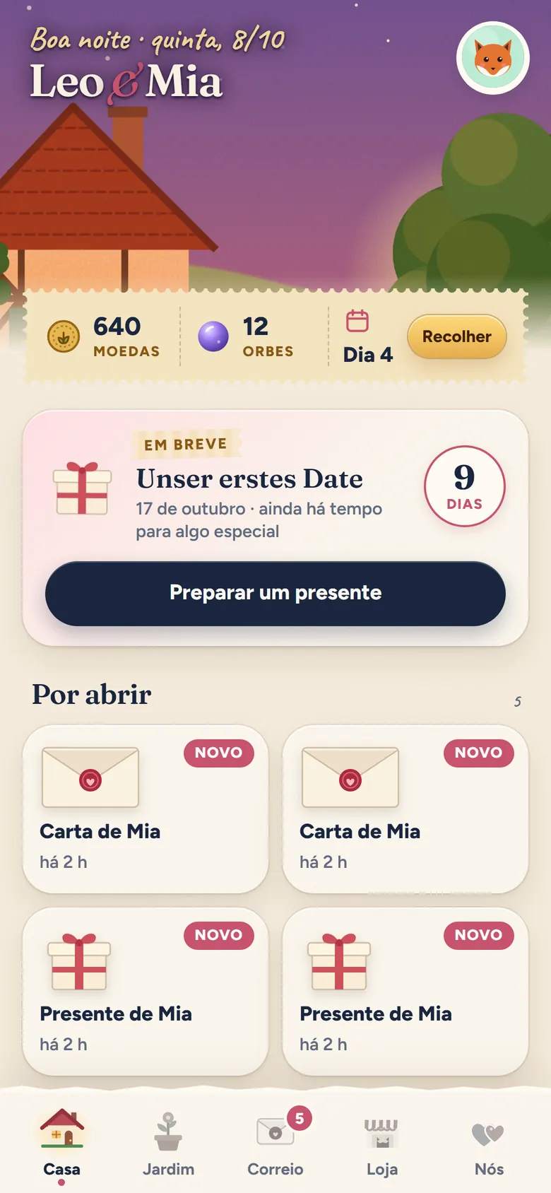 O início ao fim do dia: o Leo e a Mia em frente à casa deles, 640 moedas, uma contagem decrescente para o primeiro encontro e cartas e presentes da Mia por abrir
